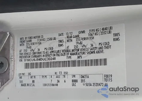 2013 Ford Escape Titanium z USA, uszkodzony, nr VIN 1FMCU9J94DUC30248